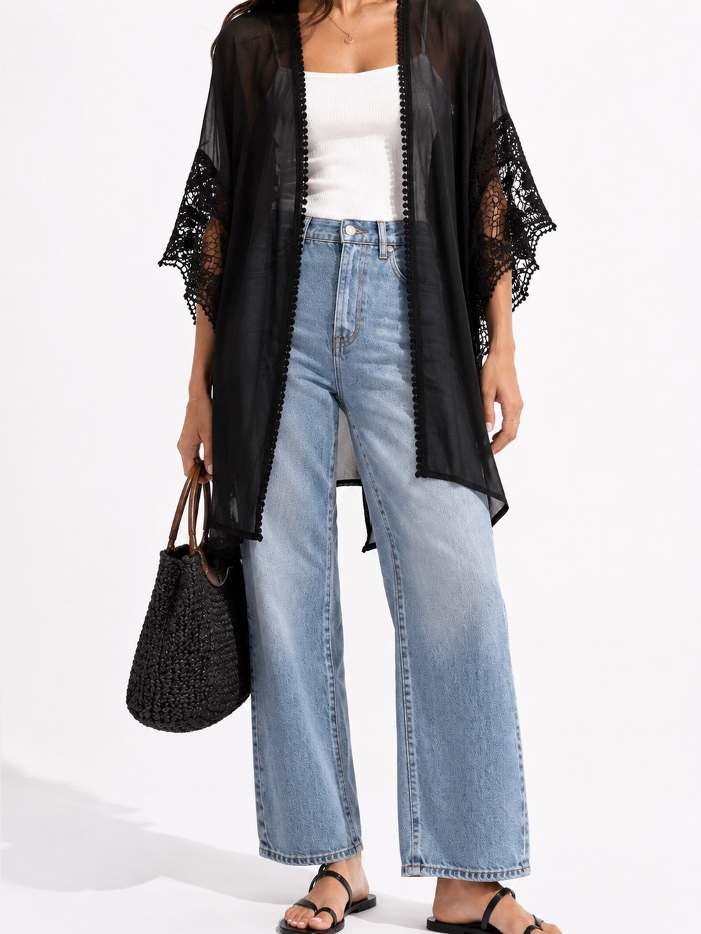 Black Sheer Kimono Cardigan Lace Crochet Sleeve Cover Up - Picture 2 of 10